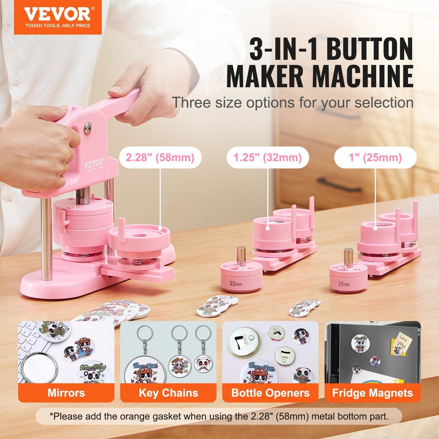 3-in-1 Pink Button Maker with Panda Book, Includes 300 Button Parts, Ergonomic Handle
