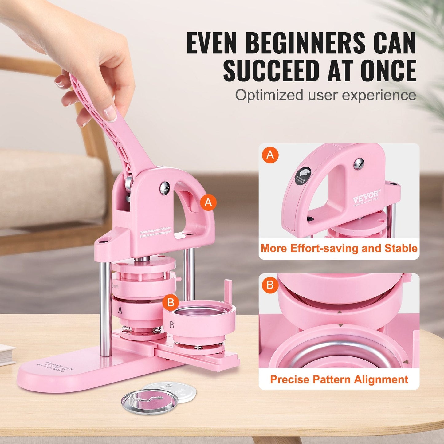 3-in-1 Pink Button Maker with Panda Book, Includes 300 Button Parts, Ergonomic Handle