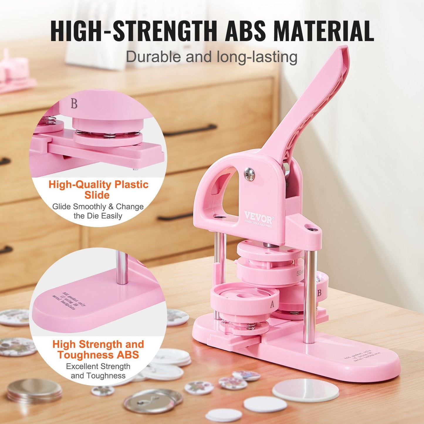 3-in-1 Pink Button Maker with Panda Book, Includes 300 Button Parts, Ergonomic Handle