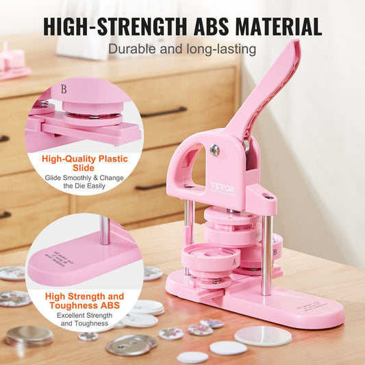 3-in-1 Pink Button Maker with Panda Book, Includes 300 Button Parts, Ergonomic Handle