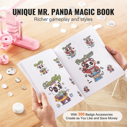 3-in-1 Pink Button Maker with Panda Book, Includes 300 Button Parts, Ergonomic Handle