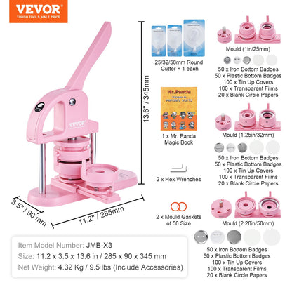 VEVOR Button Maker, 1/1.25/2.28 inch(25/32/58mm) 3-IN-1 Pin Maker, 300pcs Button