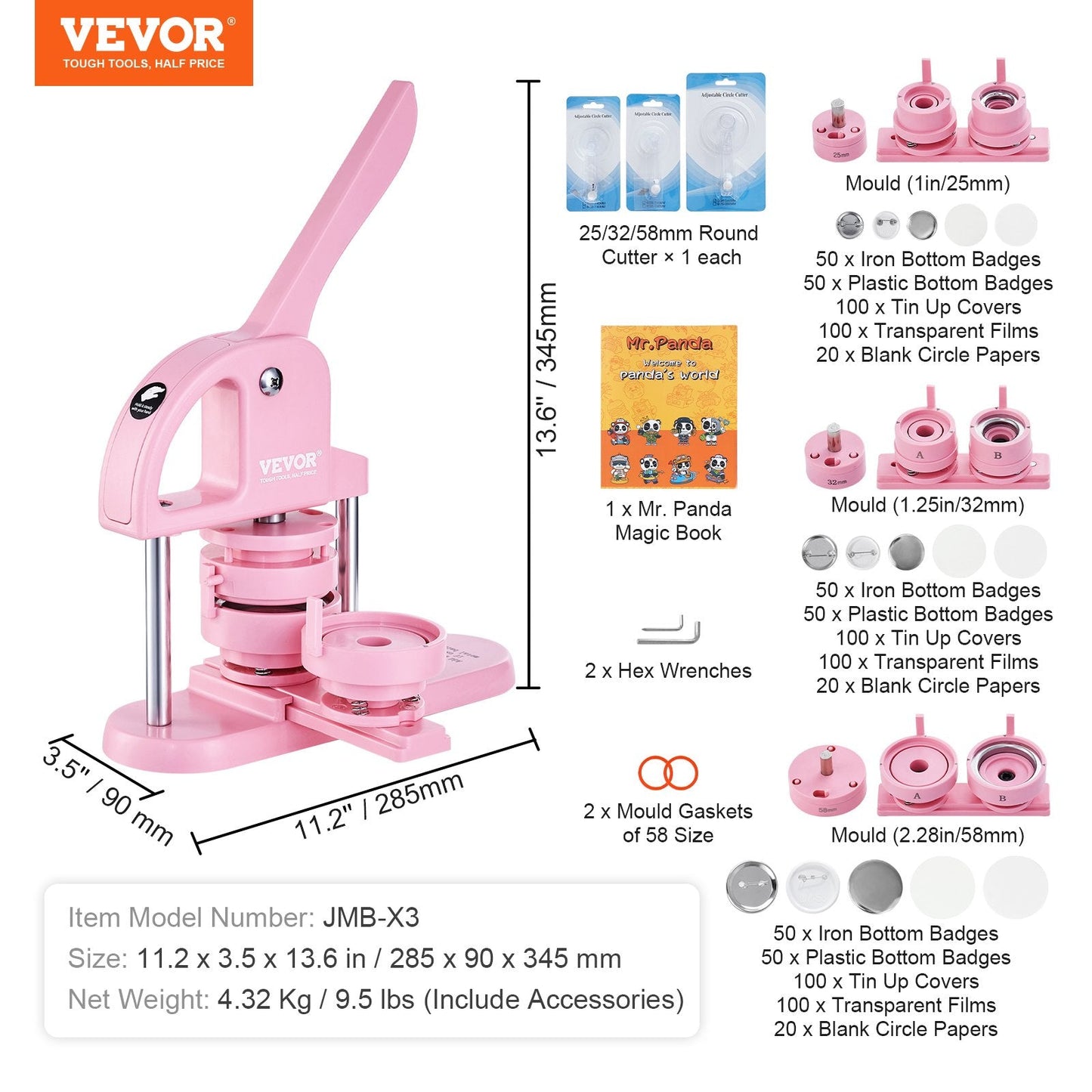 3-in-1 Pink Button Maker with Panda Book, Includes 300 Button Parts, Ergonomic Handle