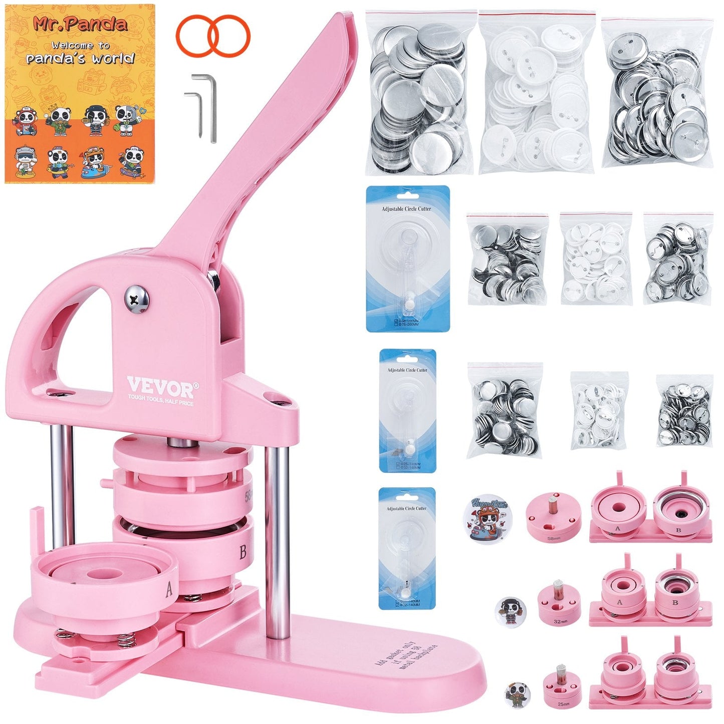 3-in-1 Pink Button Maker with Panda Book, Includes 300 Button Parts, Ergonomic Handle