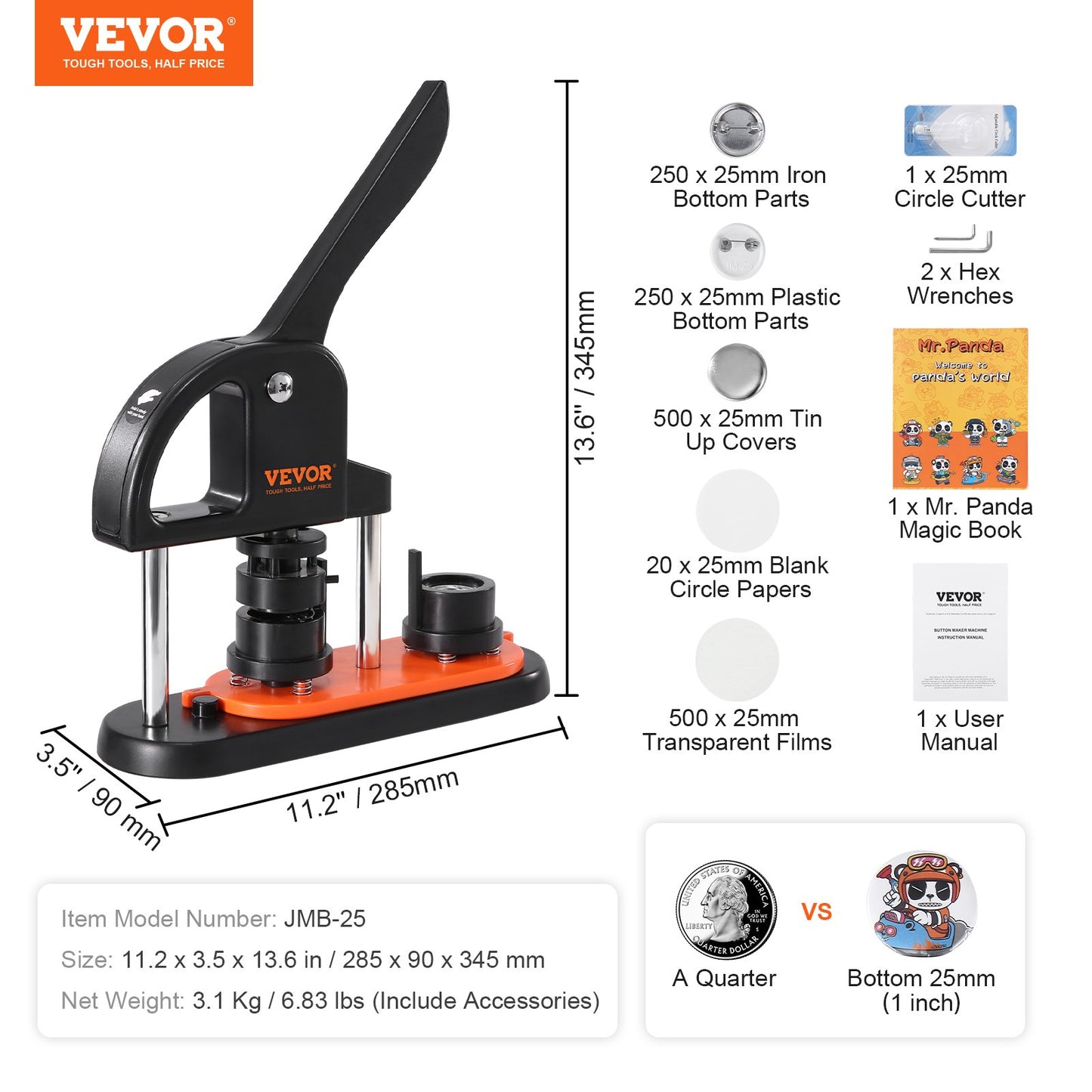 VEVOR Button Maker Machine, 0.98 inch/25mm Pin Maker, Installation-Free Badge Punch