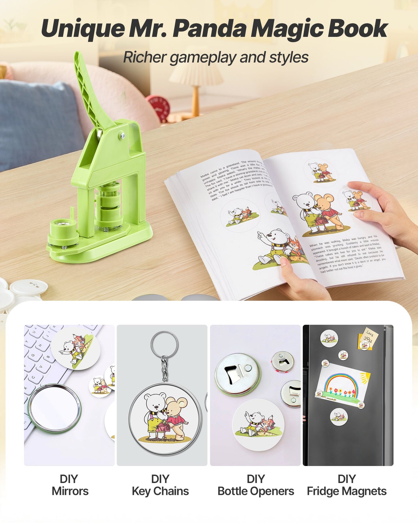 Button Maker Machine, 25 mm, Plastic Pin Maker with 500pcs Button Parts, Mr. Panda Magic Book, Circle Cutter and Hex Wrenches, Reinforced Ergonomic Handle, for DIY Badges, Personalized Pins