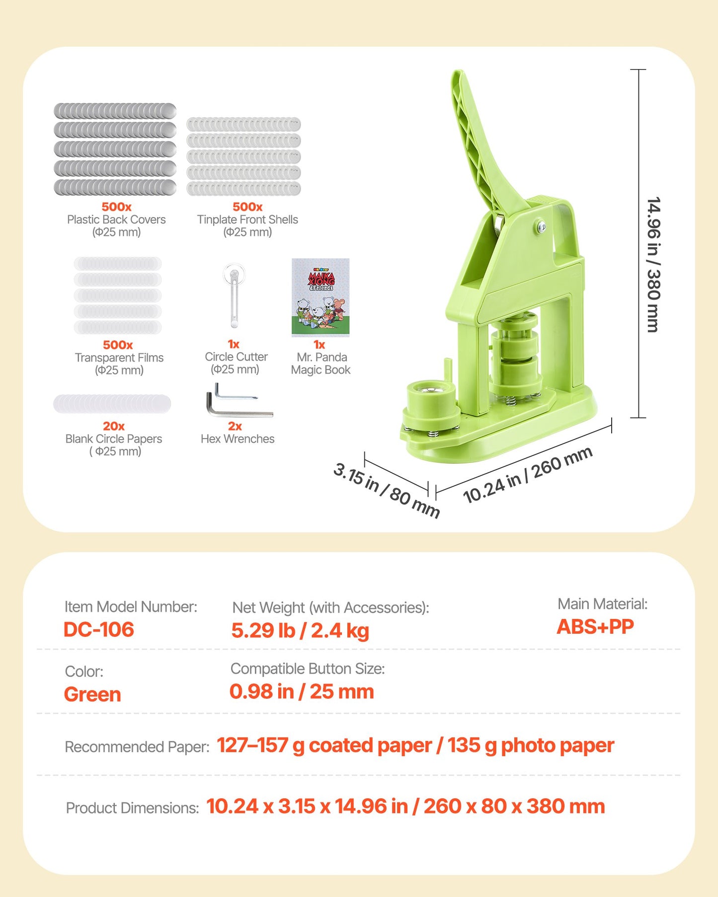 Button Maker Machine, 25 mm, Plastic Pin Maker with 500pcs Button Parts, Mr. Panda Magic Book, Circle Cutter and Hex Wrenches, Reinforced Ergonomic Handle, for DIY Badges, Personalized Pins