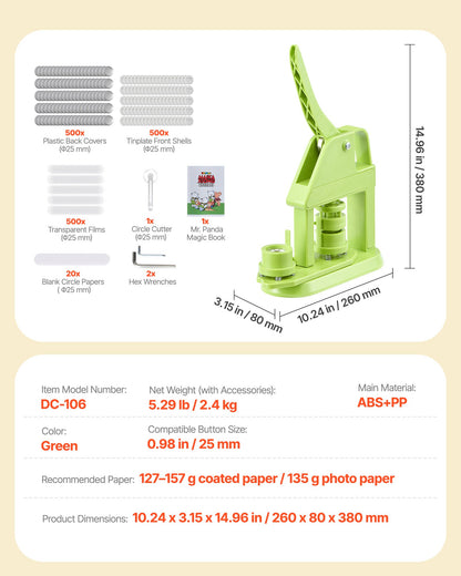 Button Maker Machine, 25 mm, Plastic Pin Maker with 500pcs Button Parts, Mr. Panda Magic Book, Circle Cutter and Hex Wrenches, Reinforced Ergonomic Handle, for DIY Badges, Personalized Pins