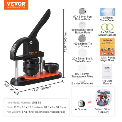 VEVOR Button Maker Machine, 2.28 inch/58mm Pin Maker, Installation-Free Badge Punch