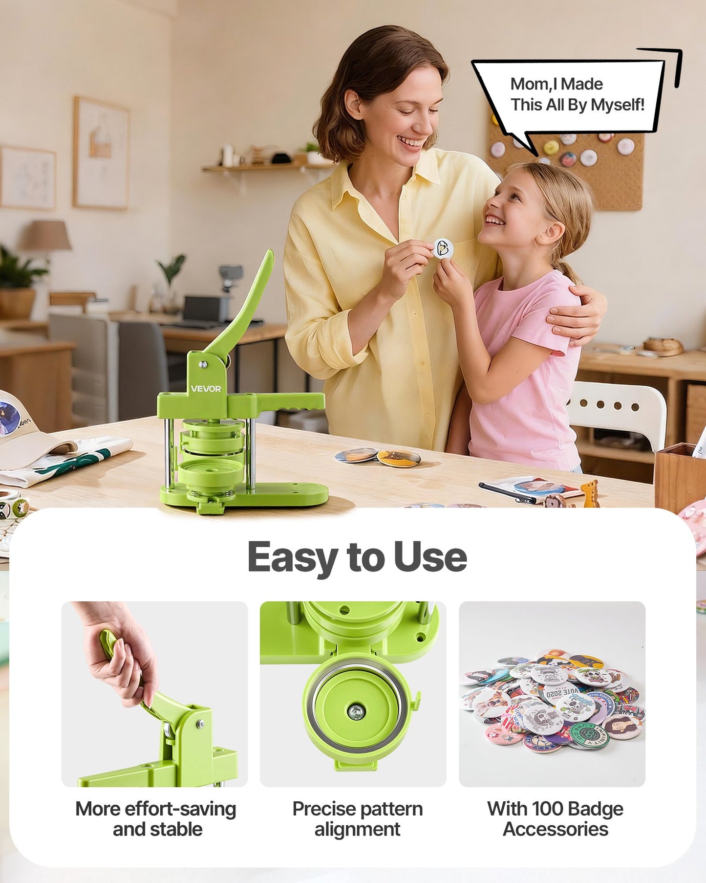 Button Maker Machine, 75 mm, Plastic Pin Maker with 100pcs Button Parts, Mr. Panda Magic Book, Circle Cutter and Hex Wrenches, Reinforced Ergonomic Handle, for DIY Badges, Personalized Pins