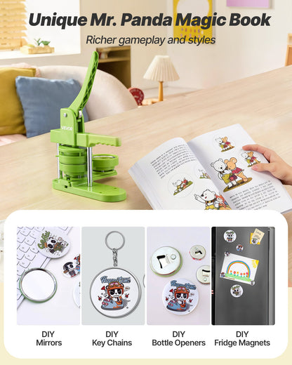 Button Maker Machine, 75 mm, Plastic Pin Maker with 100pcs Button Parts, Mr. Panda Magic Book, Circle Cutter and Hex Wrenches, Reinforced Ergonomic Handle, for DIY Badges, Personalized Pins