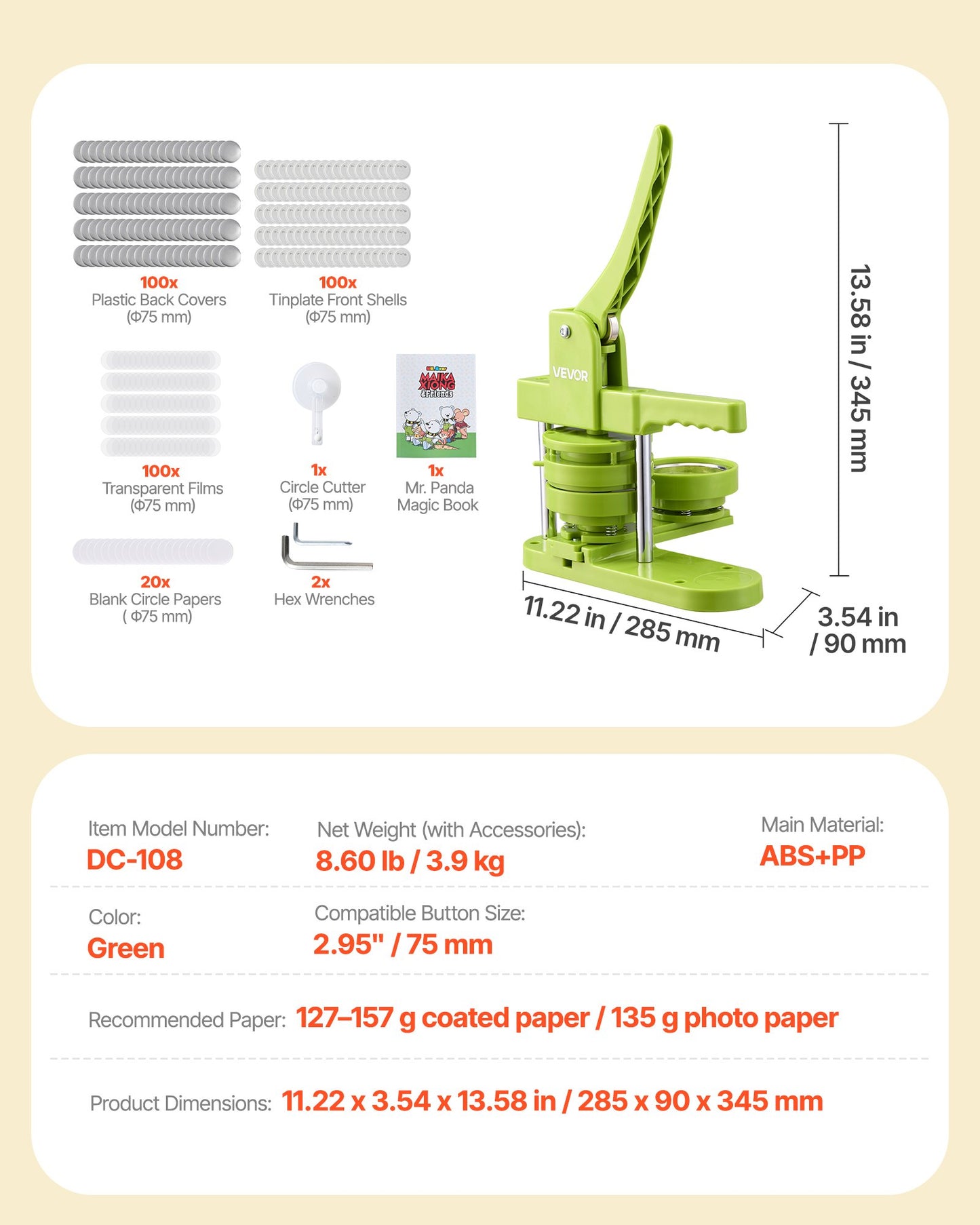 Button Maker Machine, 75 mm, Plastic Pin Maker with 100pcs Button Parts, Mr. Panda Magic Book, Circle Cutter and Hex Wrenches, Reinforced Ergonomic Handle, for DIY Badges, Personalized Pins