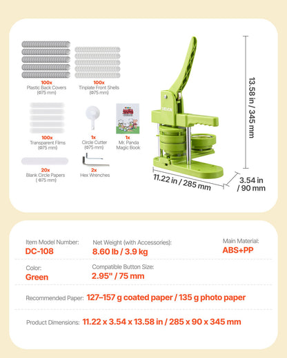 Button Maker Machine, 75 mm, Plastic Pin Maker with 100pcs Button Parts, Mr. Panda Magic Book, Circle Cutter and Hex Wrenches, Reinforced Ergonomic Handle, for DIY Badges, Personalized Pins