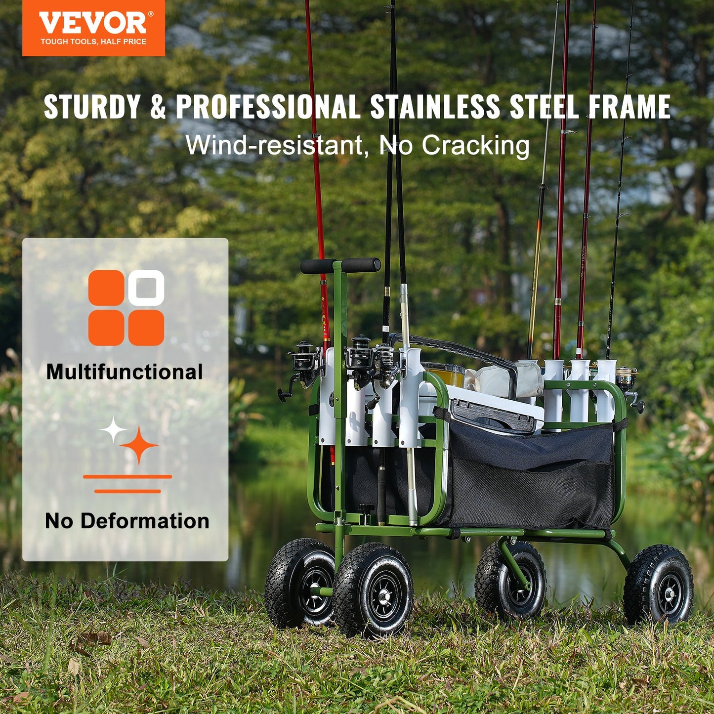 VEVOR Beach Fishing Cart, 136kg Load Capacity, Foldable Fish and Marine Cart with