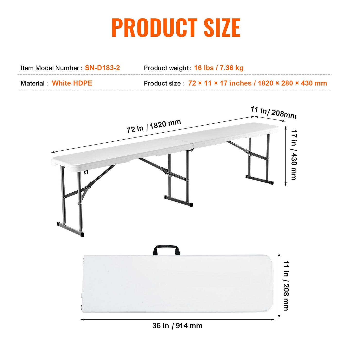 VEVOR 6FT Plastic Folding Bench Portable Outdoor Bench for Picnic Camping Garden