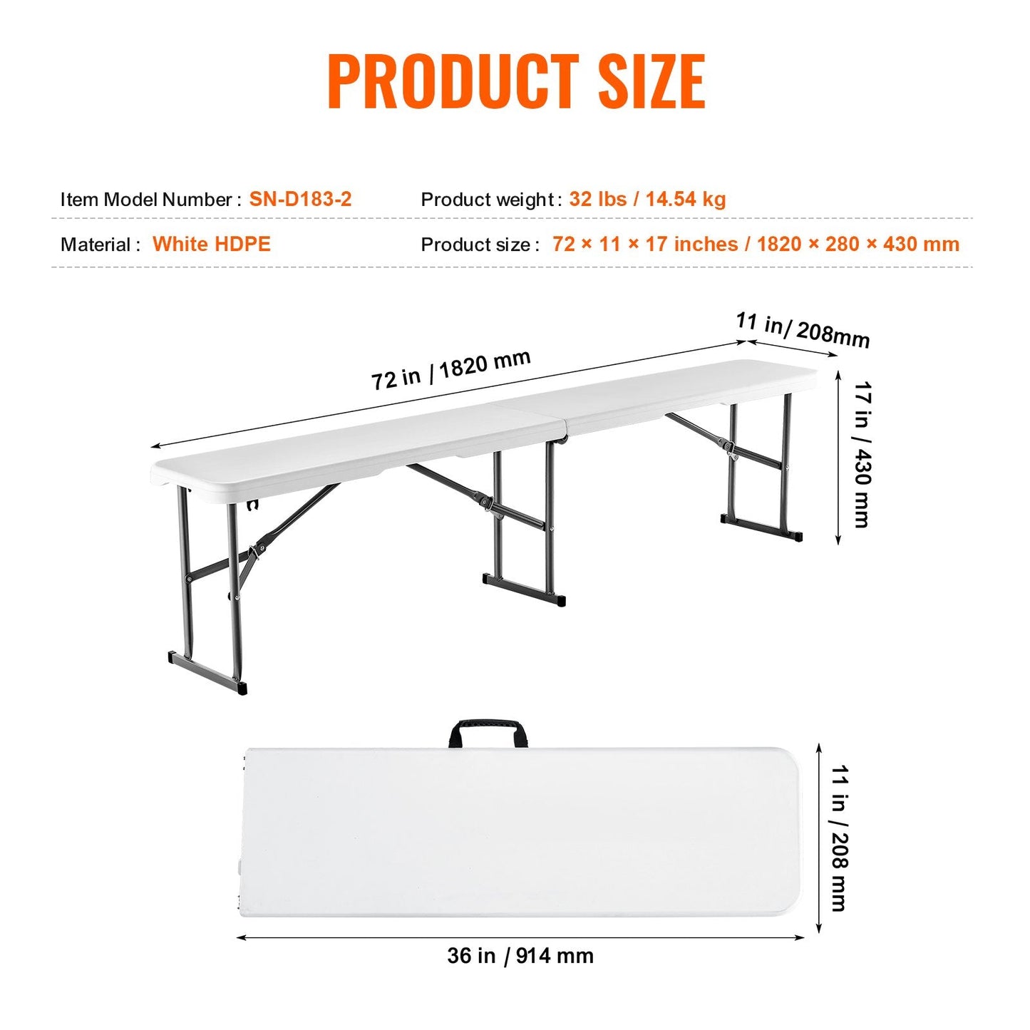 6-Foot Portable Plastic Folding Bench for Outdoor Picnic and Camping, Set of 2