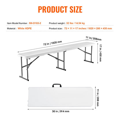 6-Foot Portable Plastic Folding Bench for Outdoor Picnic and Camping, Set of 2
