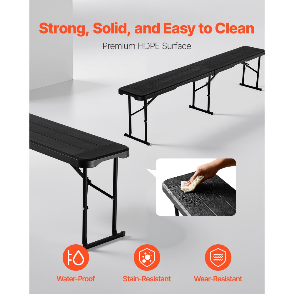 6FT Plastic Folding Bench 2 Pack Portable Outdoor Bench for Garden Black