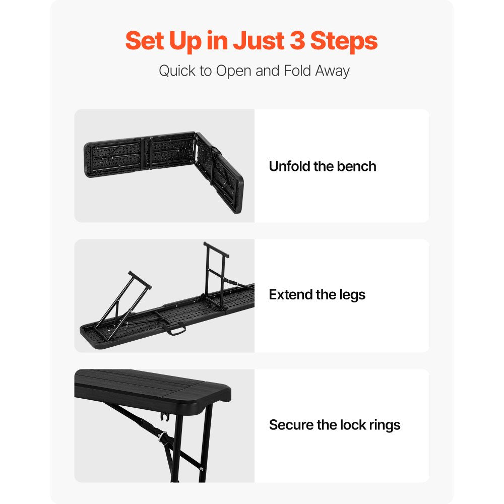 6FT Plastic Folding Bench 2 Pack Portable Outdoor Bench for Garden Black