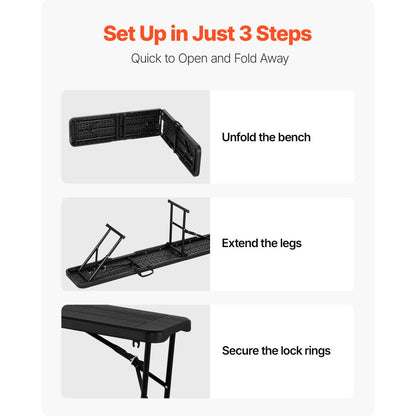 6FT Plastic Folding Bench 2 Pack Portable Outdoor Bench for Garden Black