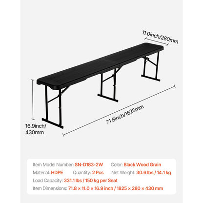 6FT Plastic Folding Bench 2 Pack Portable Outdoor Bench for Garden Black