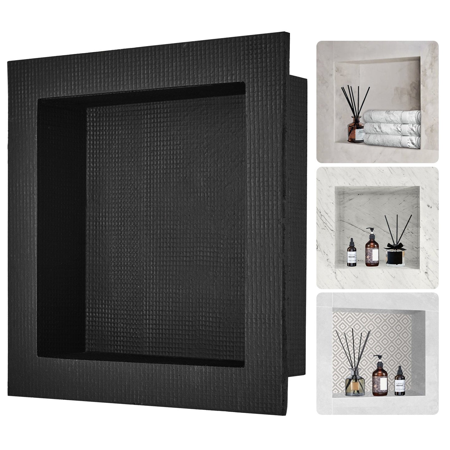 Wall-Inserted Shower Niche, 41x41x10cm, Black, Single Shelf, Waterproof Design