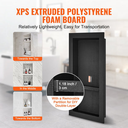 Double Shelf Black Shower Niche 0.4 x 0.8m for Tile, Recessed Wall Organizer