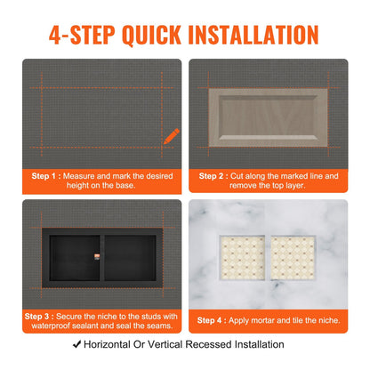 Double Shelf Black Shower Niche 0.4 x 0.8m for Tile, Recessed Wall Organizer