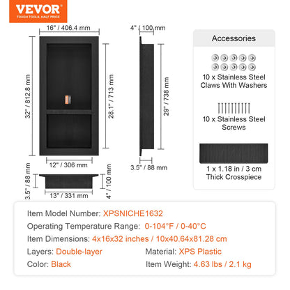 VEVOR Shower Niche Ready for Tile 40.64 x 81.28 cm, 16 x 32 inch Double Shelf Organizer,