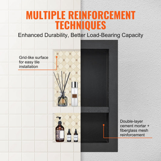 Black Double Shelf Shower Niche 0.4 x 0.6 m for Tile Installation