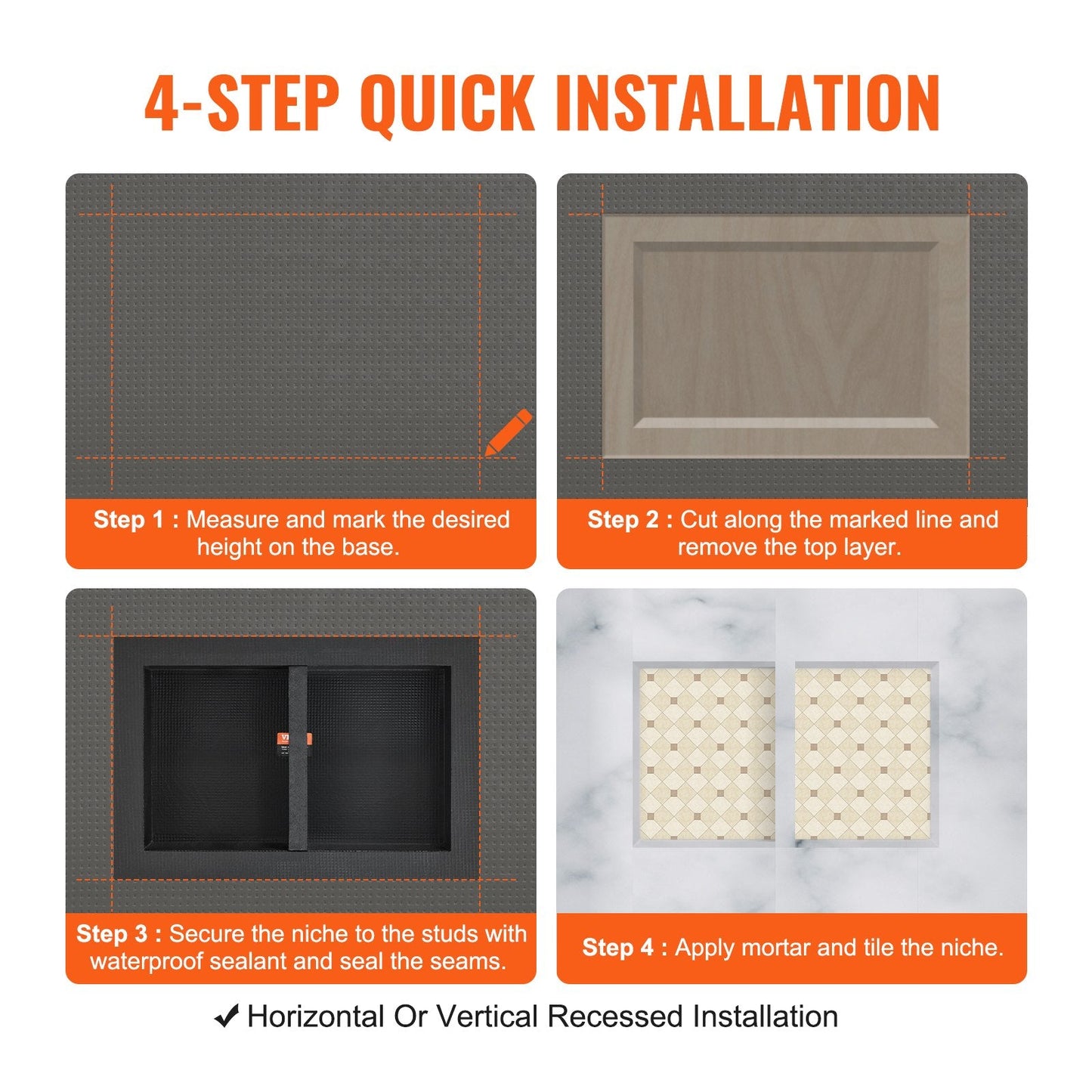 Black Double Shelf Shower Niche 0.4 x 0.6 m for Tile Installation