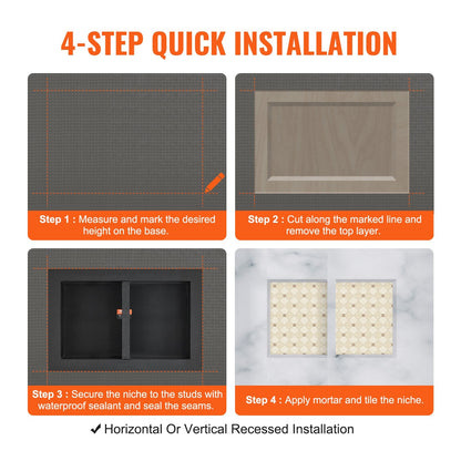 Black Double Shelf Shower Niche 0.4 x 0.6 m for Tile Installation
