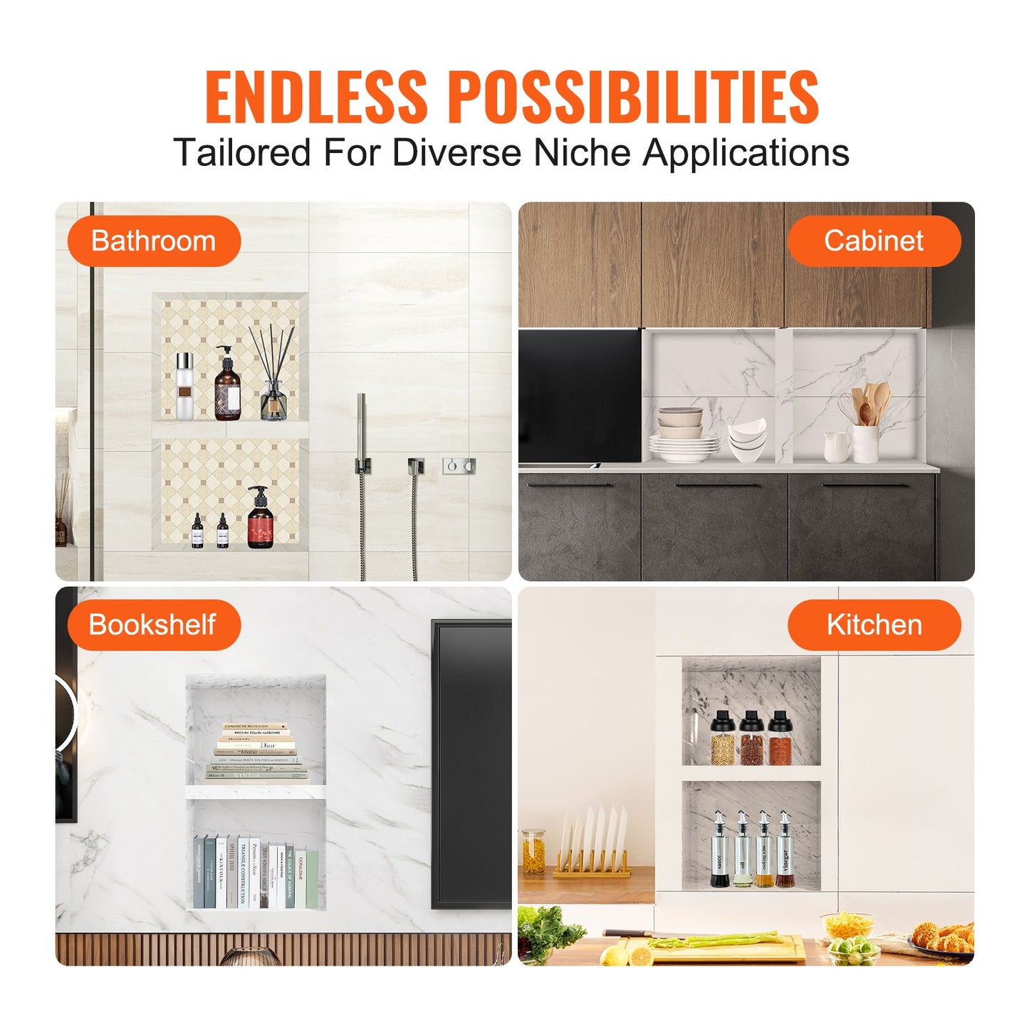 VEVOR Shower Niche Ready for Tile 40.64 x 60.96 cm, 16 x 24 inch Double Shelf Organizer,