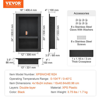 Black Double Shelf Shower Niche 0.4 x 0.6 m for Tile Installation