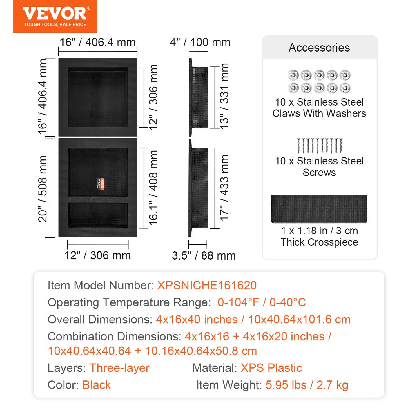 VEVOR Shower Niche 41x41 &50.8cm Triple Shelf Wall-inserted for Shower Bathroom
