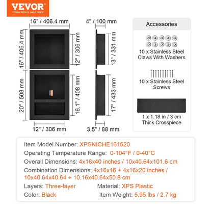 Triple Shelf Shower Niche, 41x41 & 50.8cm, Wall-Inserted, Black, Waterproof