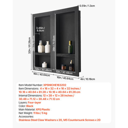VEVOR Shower Niche 40.6 x 81.3 + 40.6 x 81.3 cm Recessed Wall Shelf Bathroom