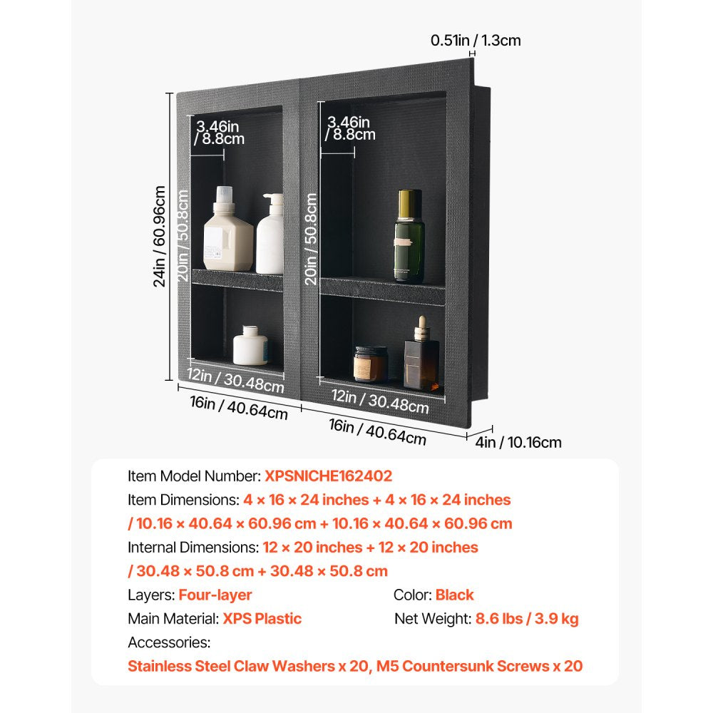 VEVOR Shower Niche 40.6 x 61+40.6 x 61 cm Recessed Wall Organizer Bathroom
