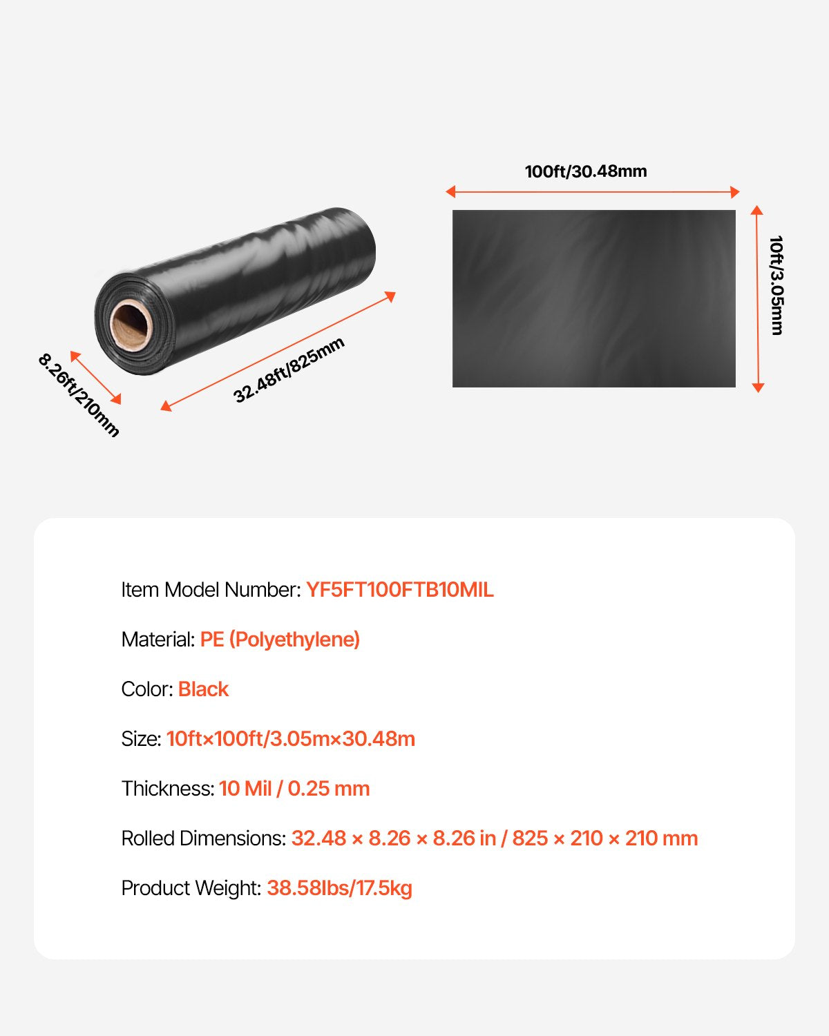 VEVOR 10Mil Plastic Sheeting Roll 10 x 100 FT Heavy Duty Polyethylene Black