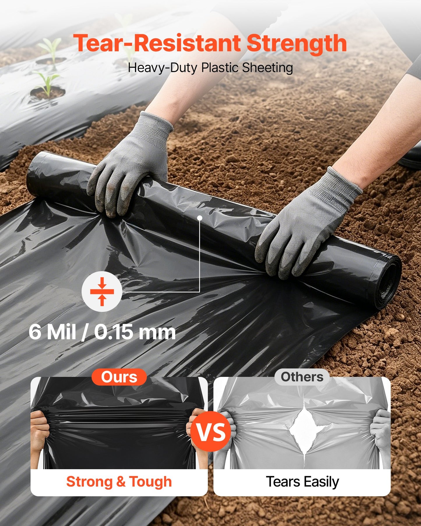 0.15 mm Plastic Sheeting 3.05 x 7.62 m Black Heavy Duty Polyethylene, Thick Plastic Roll for Garden, Drop Cloth Painters Tarp, Polyethylene Covering for Crawl Space Vapor Barrier, Weed Control