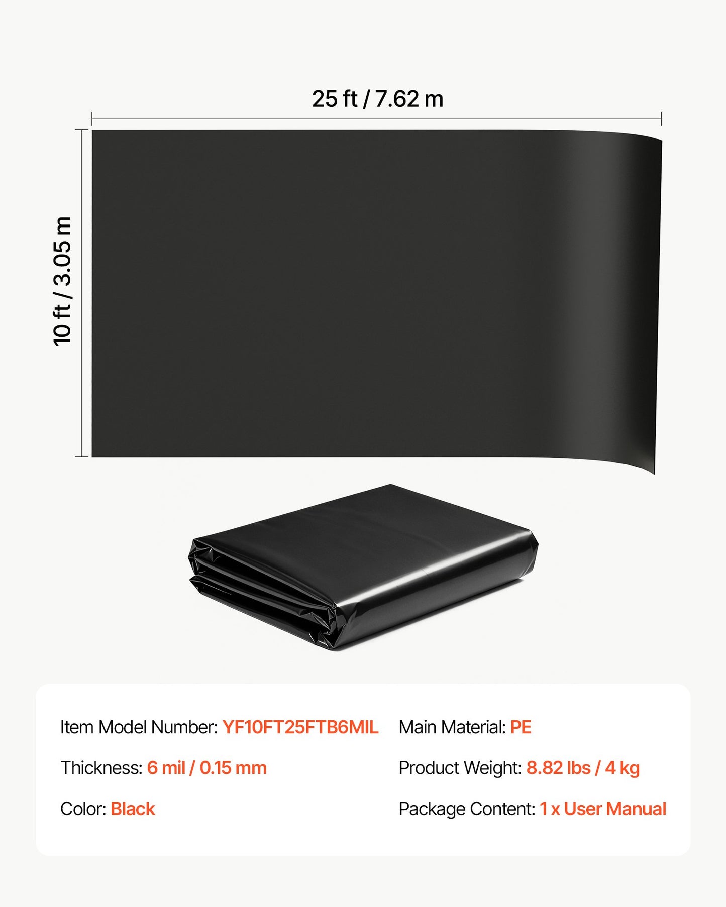 0.15 mm Plastic Sheeting 3.05 x 7.62 m Black Heavy Duty Polyethylene, Thick Plastic Roll for Garden, Drop Cloth Painters Tarp, Polyethylene Covering for Crawl Space Vapor Barrier, Weed Control