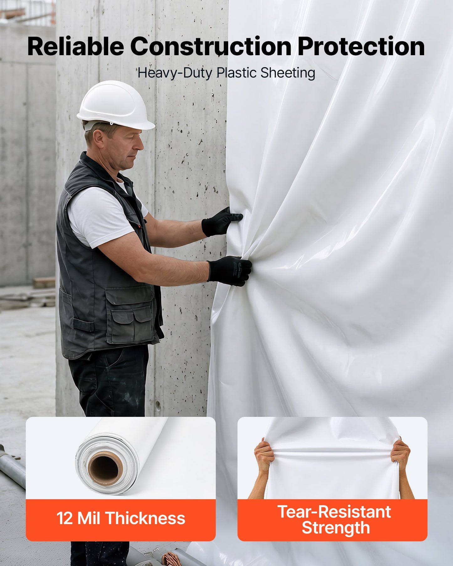 0.3 mm Plastic Sheeting 3.05 x 15.24 m Heavy Duty Polyethylene Roll, Thick Drop Cloth Painters Tarp, Polyethylene Covering for Crawl Space Vapor Barrier, Weed Control, Garden, Black & White