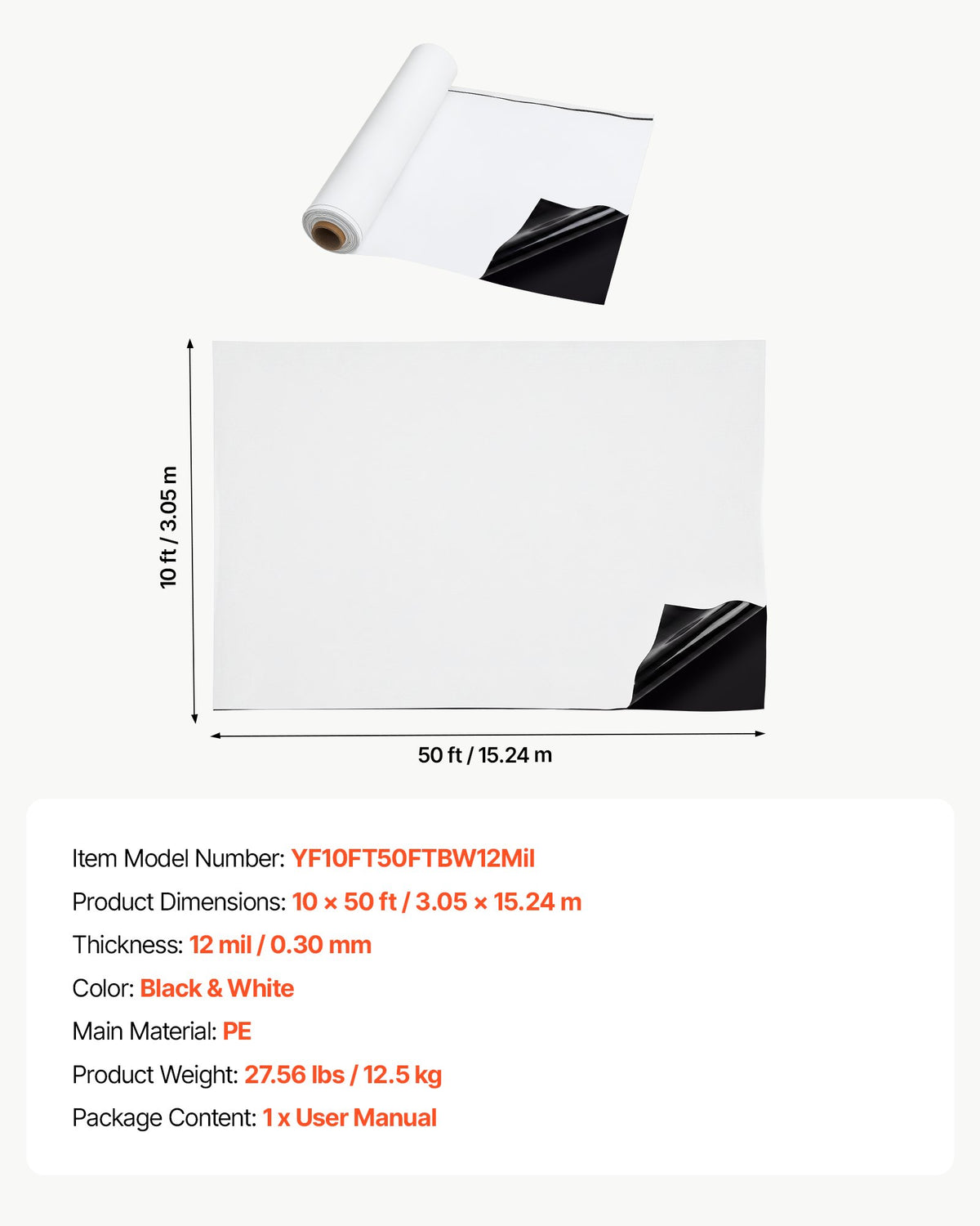 0.3 mm Plastic Sheeting 3.05 x 15.24 m Heavy Duty Polyethylene Roll, Thick Drop Cloth Painters Tarp, Polyethylene Covering for Crawl Space Vapor Barrier, Weed Control, Garden, Black & White