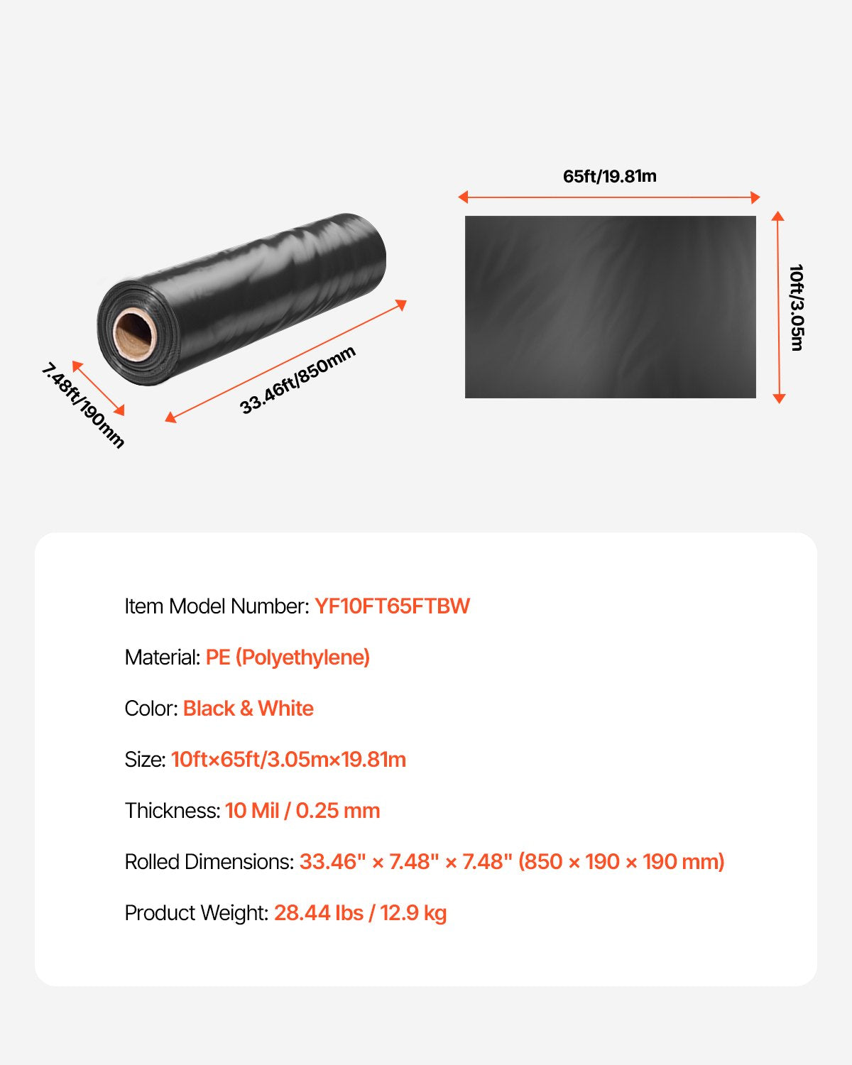 VEVOR 10Mil Plastic Sheeting Roll 10 x 65 FT Heavy Duty Film Black & White