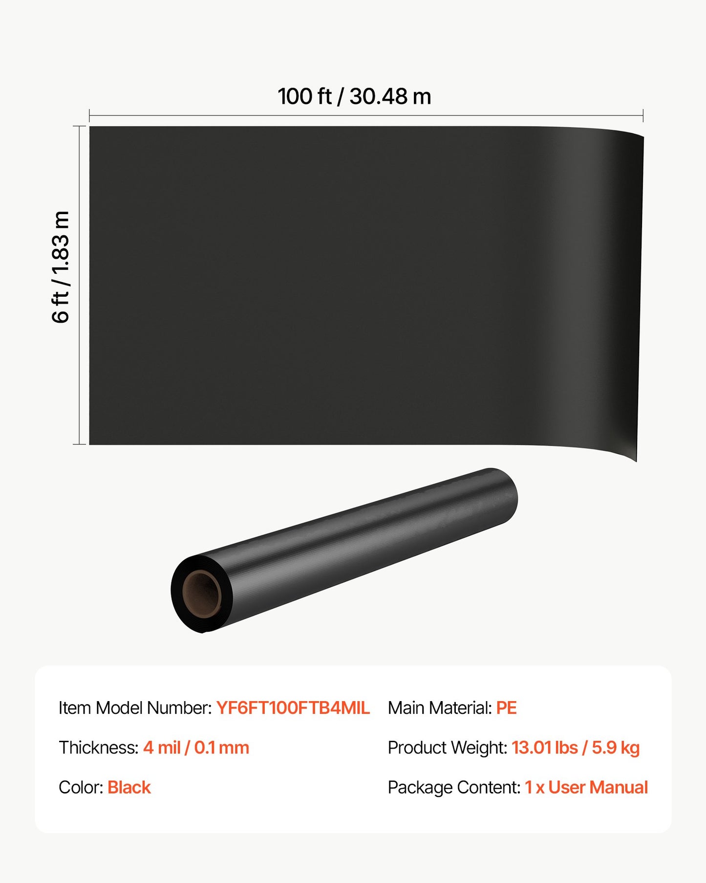 0.1 mm Plastic Sheeting 1.83 x 30.48 m Black Heavy Duty Polyethylene, Thick Plastic Roll for Garden, Drop Cloth Painters Tarp, Polyethylene Covering for Crawl Space Vapor Barrier, Weed Control
