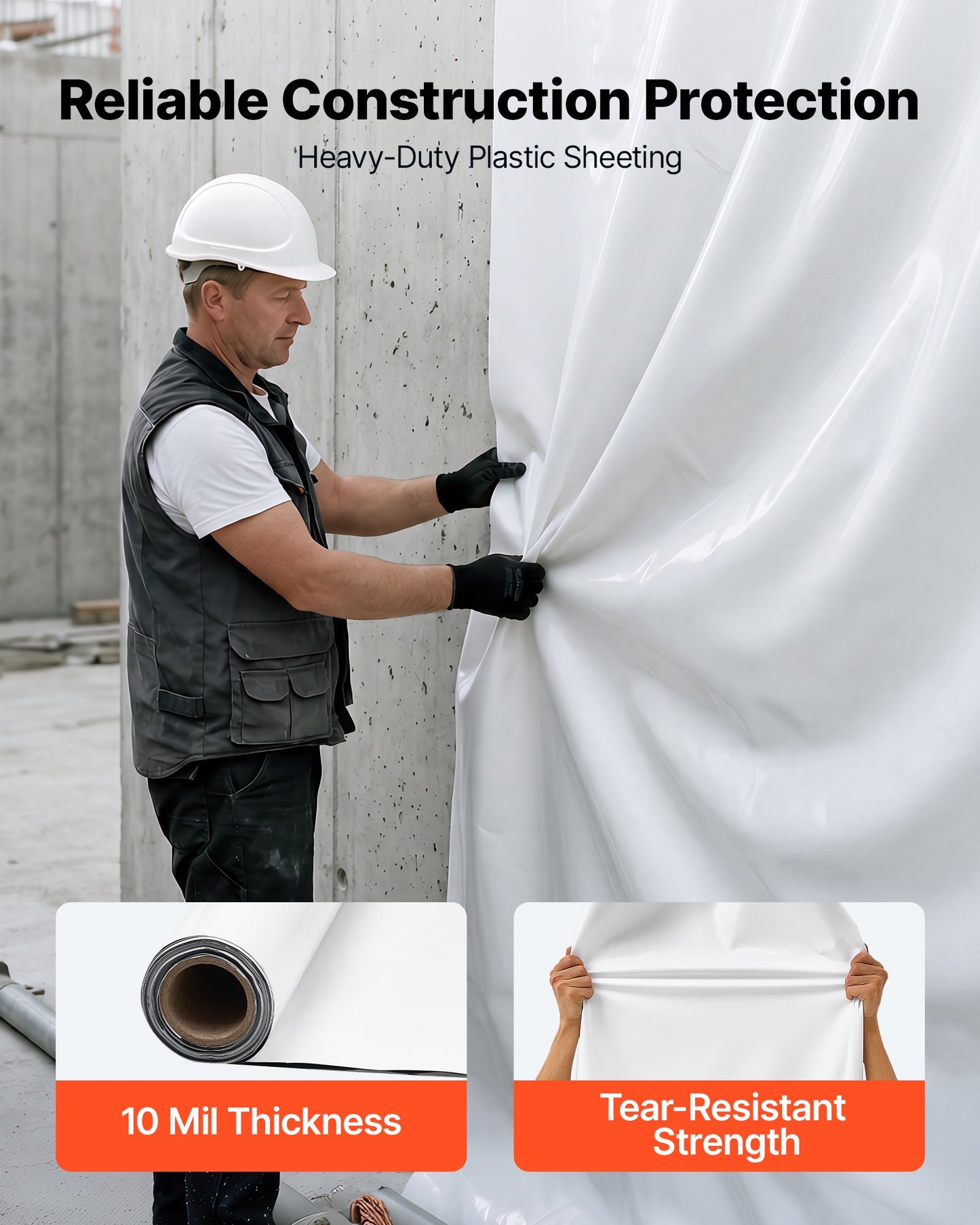 0.25 mm Plastic Sheeting 1.83 x 15.24 m Heavy Duty Polyethylene Roll, Thick Drop Cloth Painters Tarp, Polyethylene Covering for Crawl Space Vapor Barrier, Weed Control, Garden, Black & White