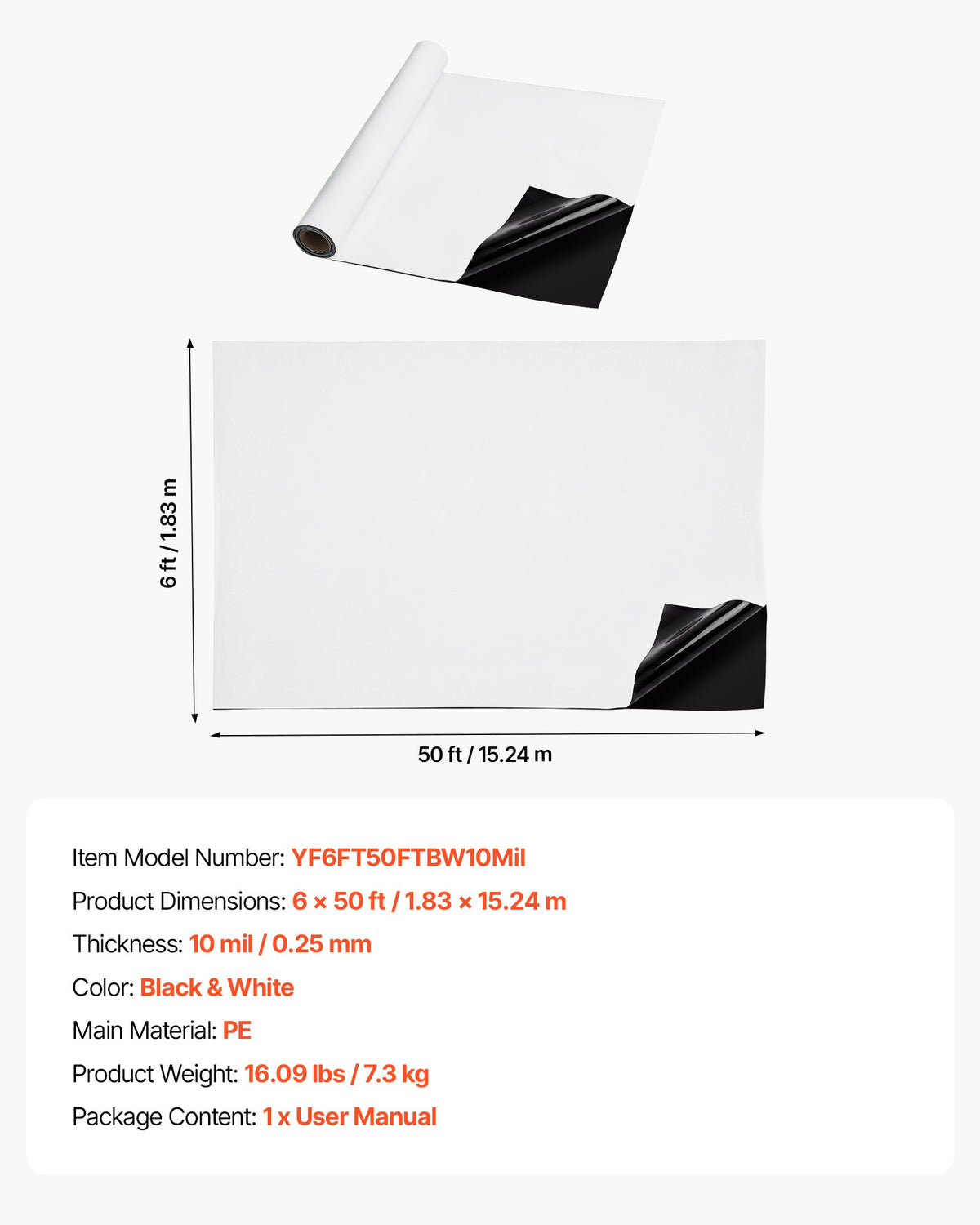 0.25 mm Plastic Sheeting 1.83 x 15.24 m Heavy Duty Polyethylene Roll, Thick Drop Cloth Painters Tarp, Polyethylene Covering for Crawl Space Vapor Barrier, Weed Control, Garden, Black & White