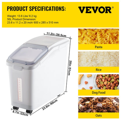 Large 50L Ingredient Storage Bin with Wheels, Lid, and Scoop for Kitchen Use