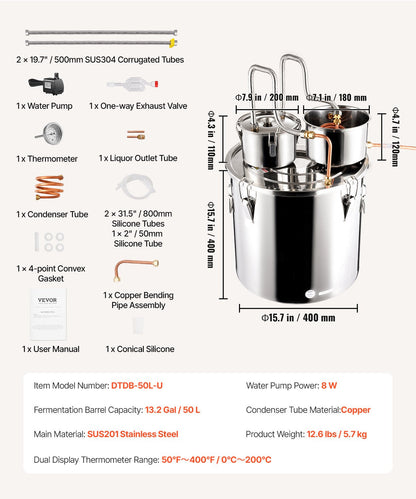13.2 Gal Alcohol Distiller Kit with Thumper Keg and Water Pump, Stainless Steel