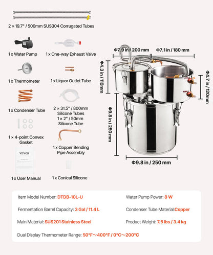 3-Gallon Alcohol Distiller Kit with Thumper Keg & 8W Pump, Stainless Steel